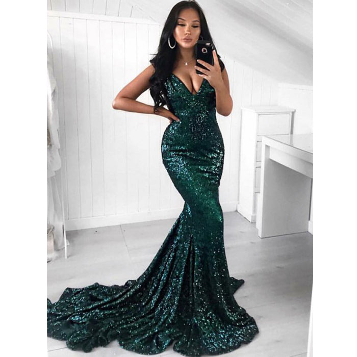 Green Sequin Mermaid Simple Cheap Long Prom Dresses, BGP206 - Bubble Gown