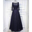 Navy Blue Long Sleeves Lace Up Back Formal Cheap Long Prom Dresses, BGP007