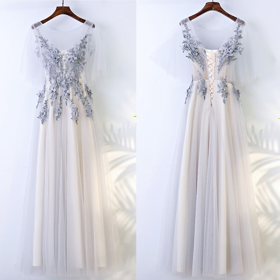Beautiful Half Sleeves Tulle Applique Elegant Cheap Long Prom Dresses, BGP022 - Bubble Gown