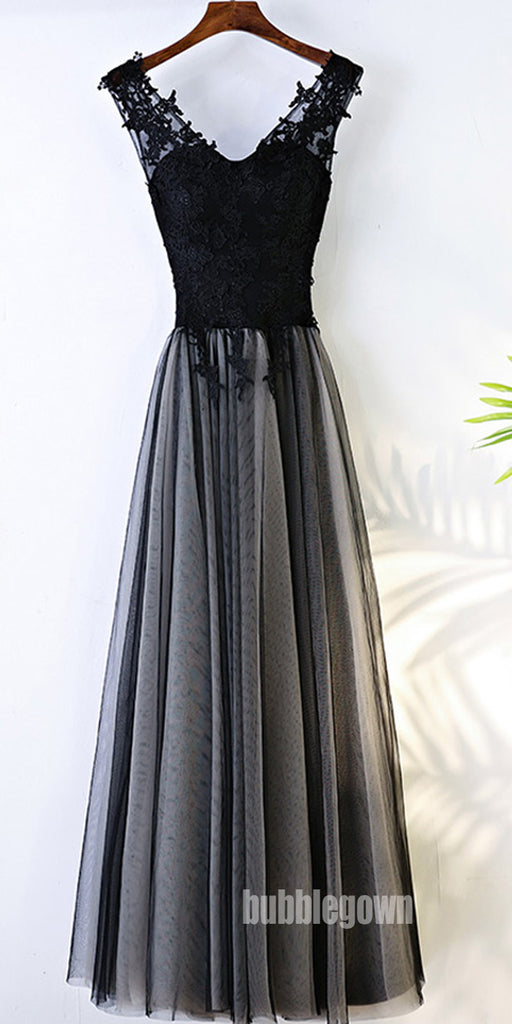 Black V Neck Formal Tulle Applique Lace Up Back Long Prom Dresses, BGP020