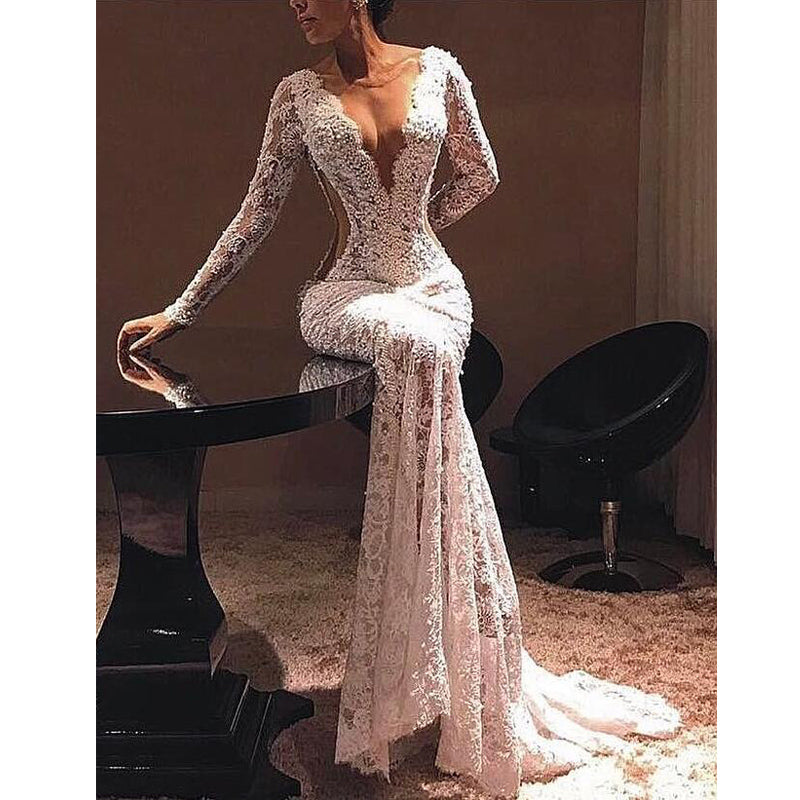 Sexy Long Sleeves Lace Mermaid V Neck Long Prom Dresses, WP004