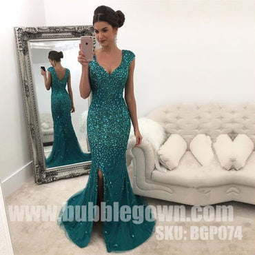 Luxurious Heavy Beaded Sparkle Side Split Mermaid Evening Long Prom Dress, BGP074