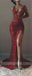 Sexy Red Llace Mermaid Side Split Deep V Neck Long Prom Dress, BGP060