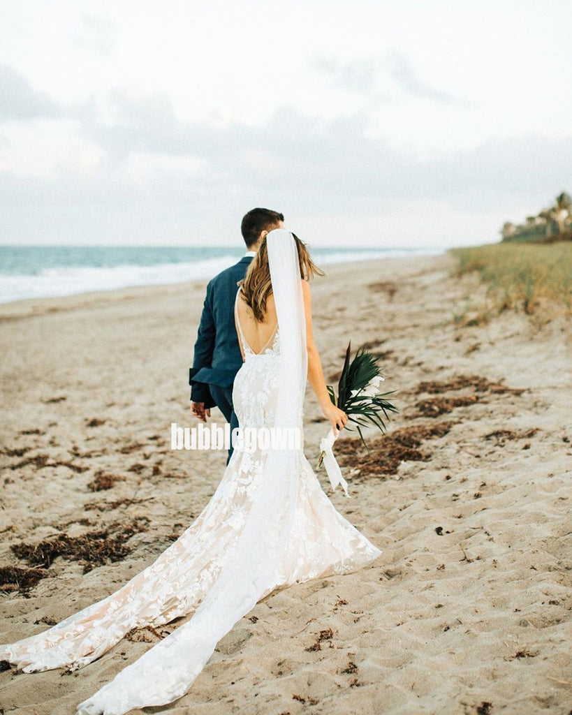 Elegant V-back Mermaid Applique Lace Bridal Long Wedding Dresses, BGH011