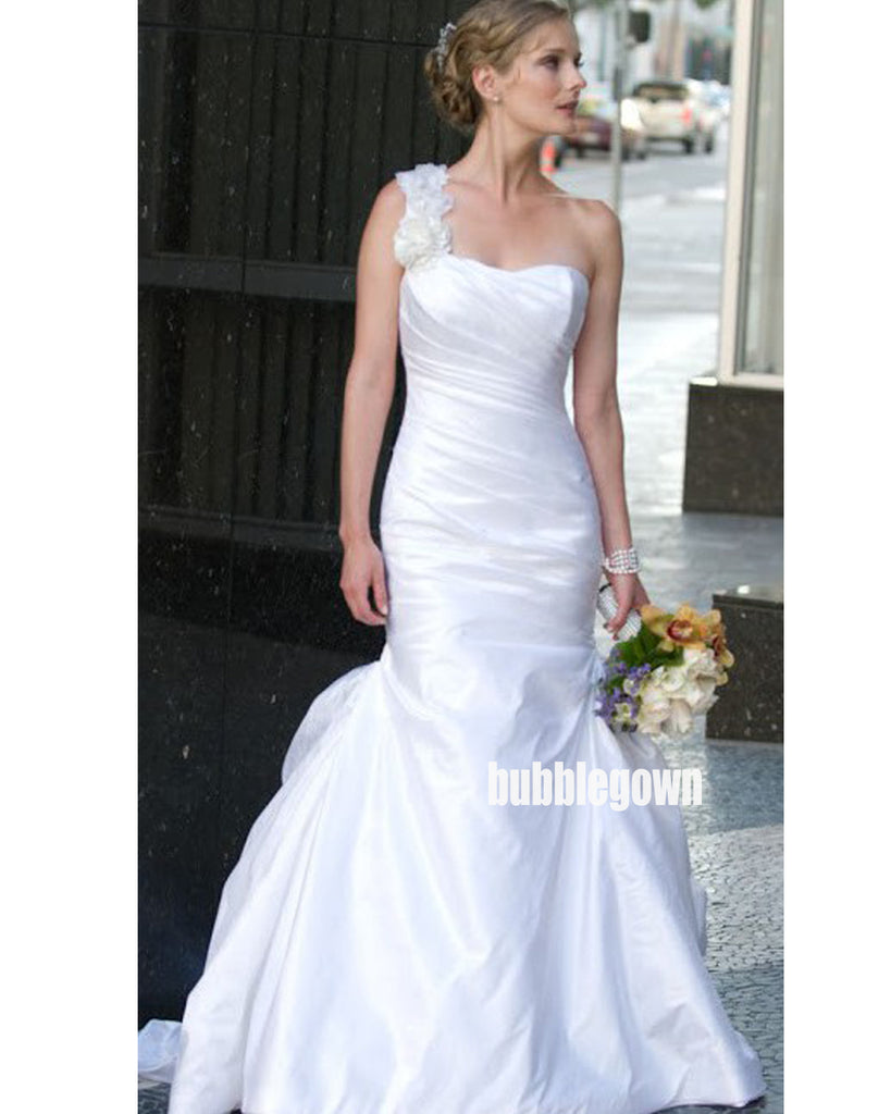 Unique One-shoulder Mermaid White Long Wedding Dresses, BGH022