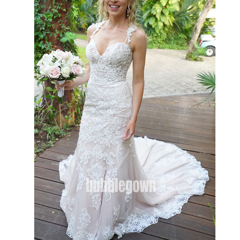 Gorgeous Lace Spaghetti Strap Mermaid  Long Wedding Dresses, BGH023