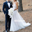White Floral V-neck Applique Open Back Long Wedding Dresses, BGH026