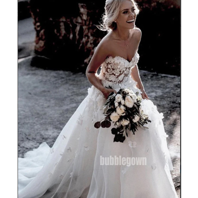 Charming Sweetheart Applique Tulle Long Wedding Dresses, BGH070