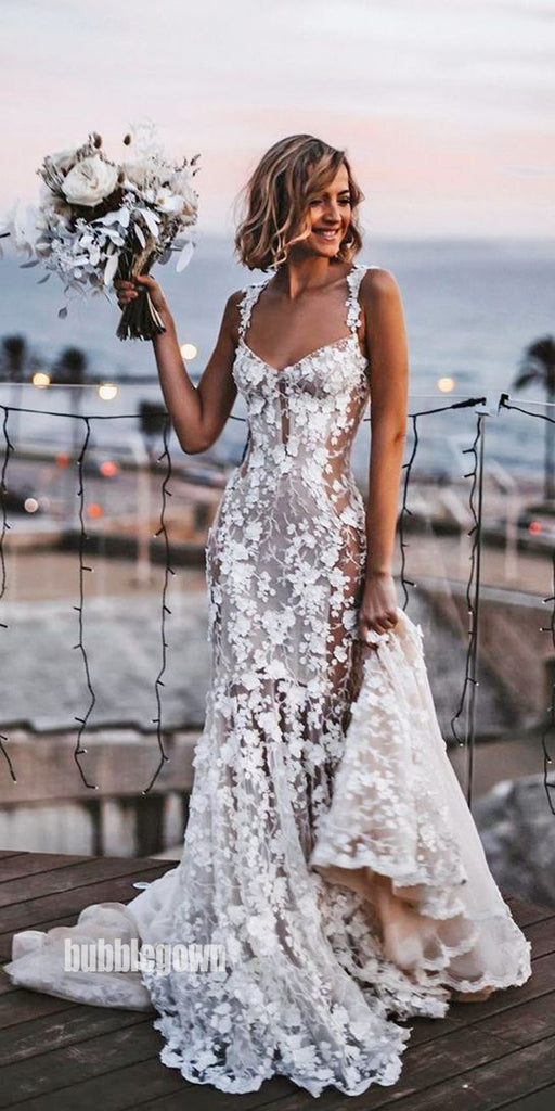 Elegant Spaghetti Strap Applique Tulle Long Wedding Dresses, BGH079