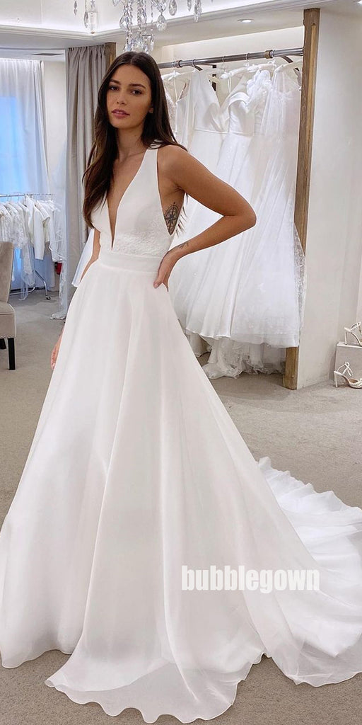 Charming White V-neck Chinffon Long Wedding Dresses, BGH090