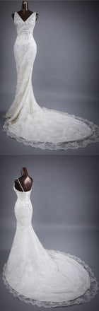 V Neck Mermaid Affordable Charming Long Wedding Dresses, BGW001