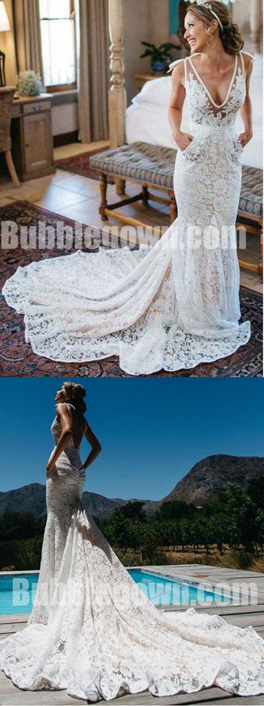 Charming Lace V Neck Mermaid Elegant Long Bridal Wedding Dresses, BGW004 - Bubble Gown